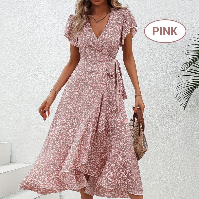📢📢50% OFF !! ⏰Women’s Summer Elegant V Neck Tie Waist Flowy Floral Dress