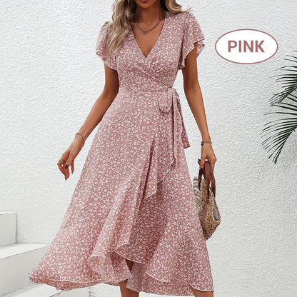 📢📢50% OFF !! ⏰Women’s Summer Elegant V Neck Tie Waist Flowy Floral Dress