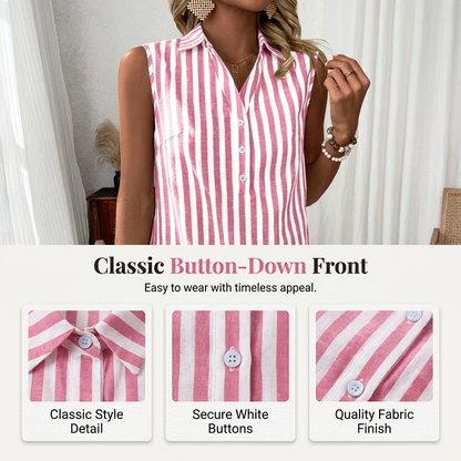 Women Sleeveless Striped Shirt Dress V Neck
