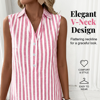 Women Sleeveless Striped Shirt Dress V Neck