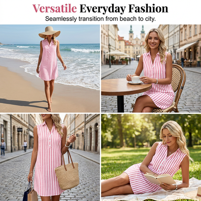 Women Sleeveless Striped Shirt Dress V Neck