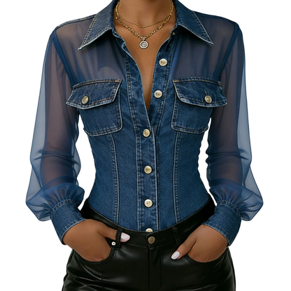 Women's Mesh Patchwork Denim Top