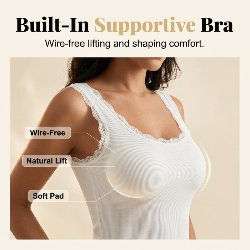 ⏰Buy 1 get 1 free🔥Women's Slim Fit Sleeveless Top Ribbed Cami with Built-in Cups and Lace