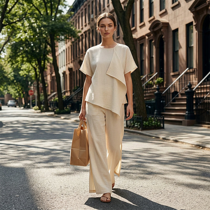 Women's Asymmetric Top & Slit Wide-Leg Pants Set