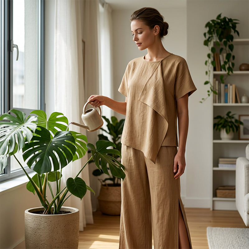 Women's Asymmetric Top & Slit Wide-Leg Pants Set