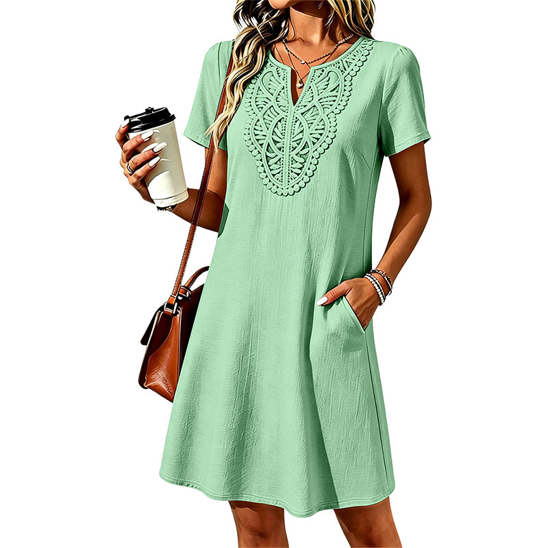Women's Bohemian Lace V-Neck T-Shirt Dress