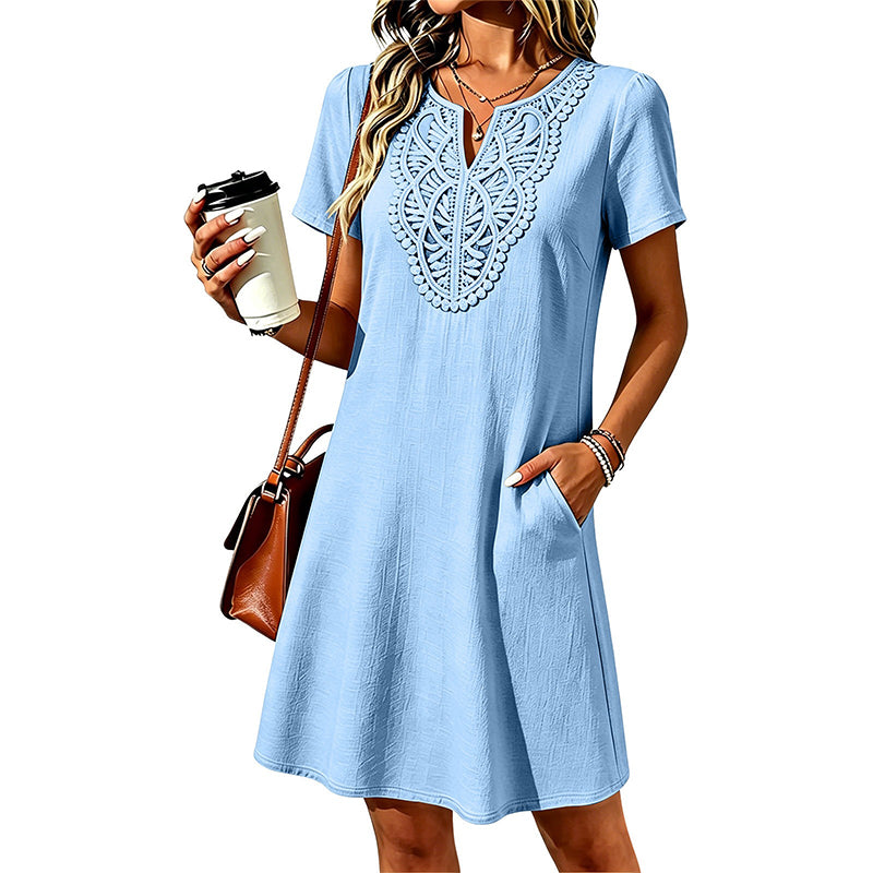 Women's Bohemian Lace V-Neck T-Shirt Dress