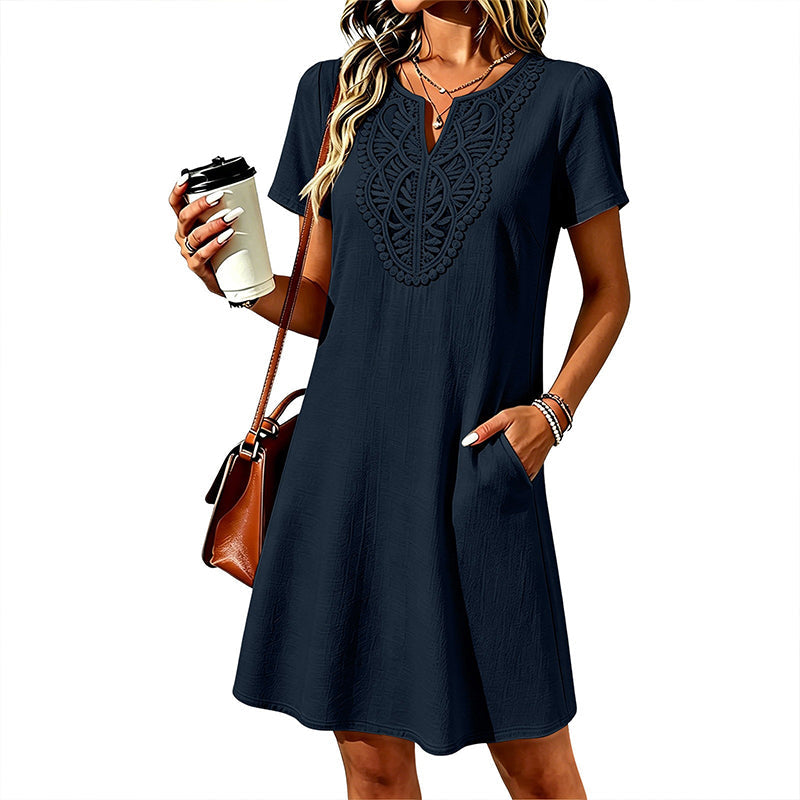 Women's Bohemian Lace V-Neck T-Shirt Dress