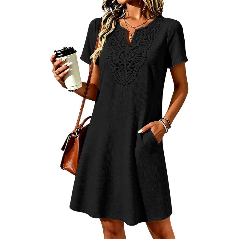 Women's Bohemian Lace V-Neck T-Shirt Dress