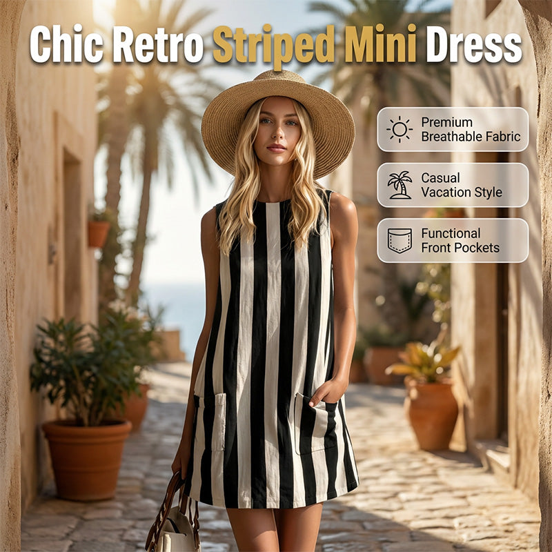 Women's Sleeveless Striped Crewneck Dress with Pockets