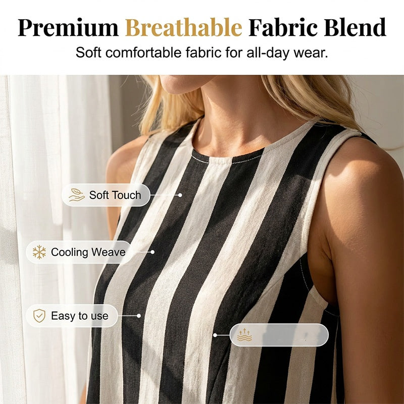 Women's Sleeveless Striped Crewneck Dress with Pockets