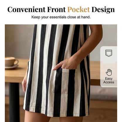 Women's Sleeveless Striped Crewneck Dress with Pockets