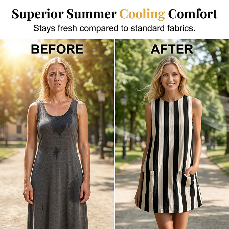Women's Sleeveless Striped Crewneck Dress with Pockets