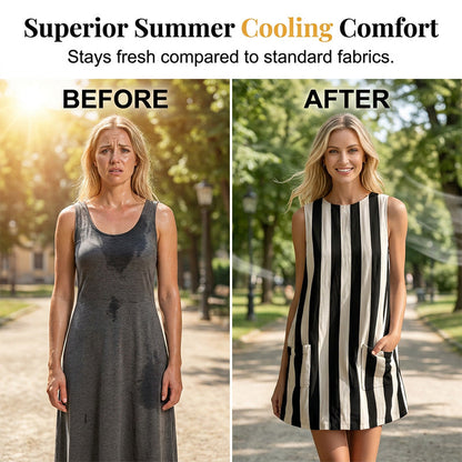 Women's Sleeveless Striped Crewneck Dress with Pockets
