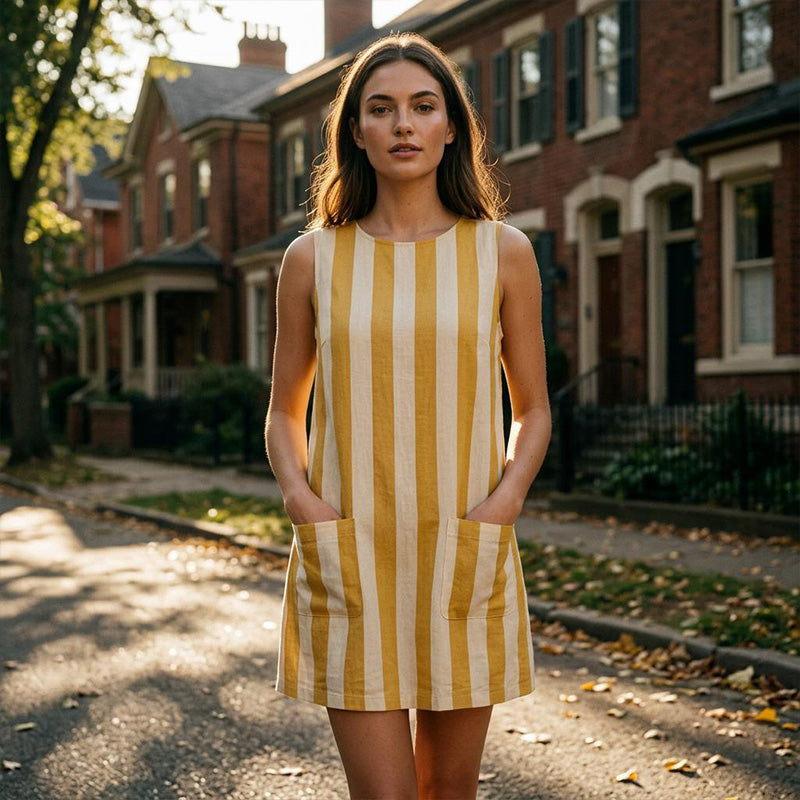 Women's Sleeveless Striped Crewneck Dress with Pockets