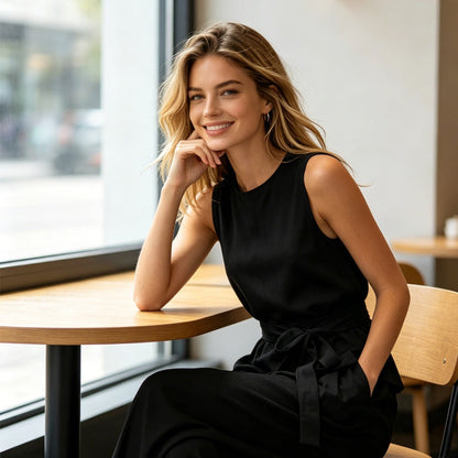 Sleeveless Wide-Leg Pants Set with Belt