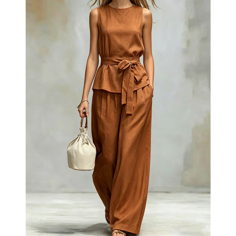 Sleeveless Wide-Leg Pants Set with Belt