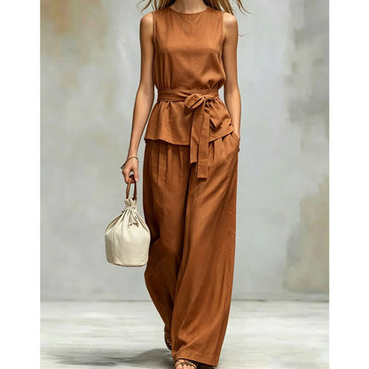 Sleeveless Wide-Leg Pants Set with Belt