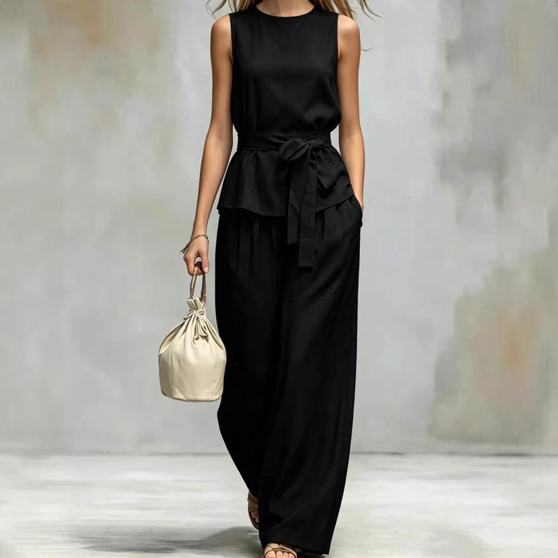 Sleeveless Wide-Leg Pants Set with Belt