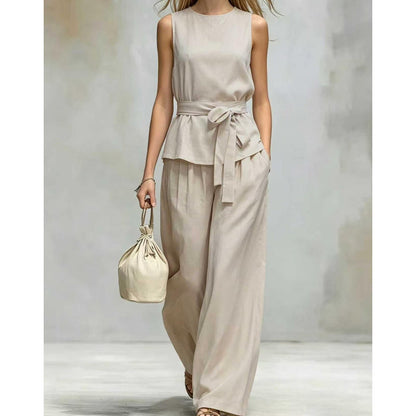 Sleeveless Wide-Leg Pants Set with Belt