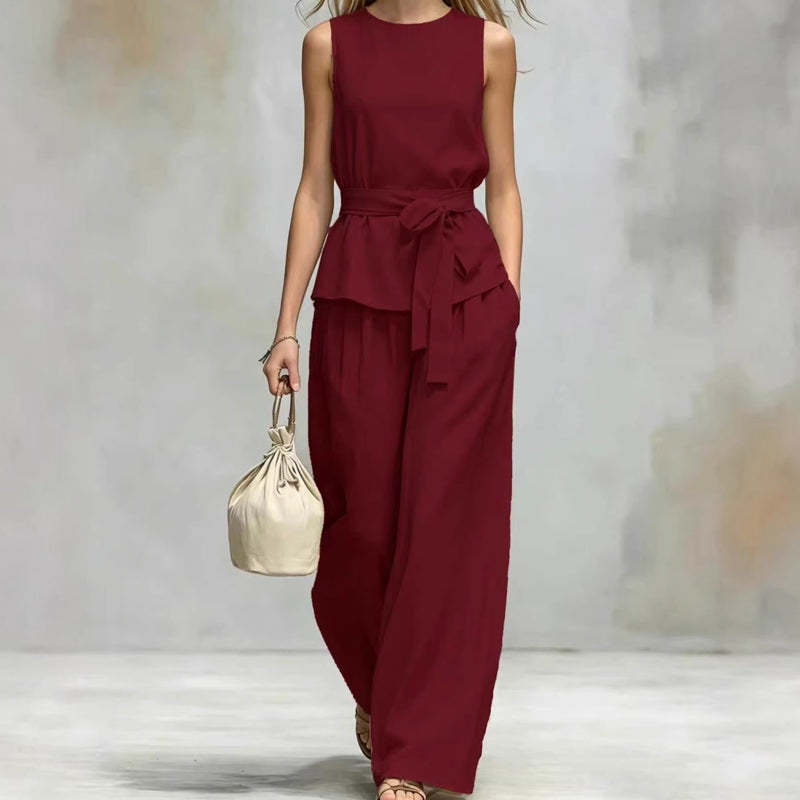 Sleeveless Wide-Leg Pants Set with Belt
