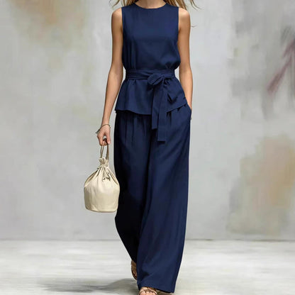 Sleeveless Wide-Leg Pants Set with Belt