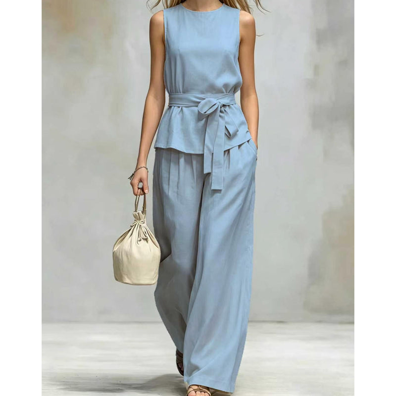 Sleeveless Wide-Leg Pants Set with Belt