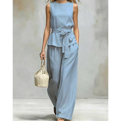 Sleeveless Wide-Leg Pants Set with Belt