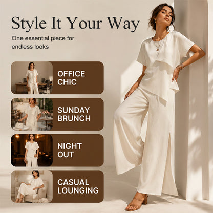 Women's Asymmetric Top & Slit Wide-Leg Pants Set