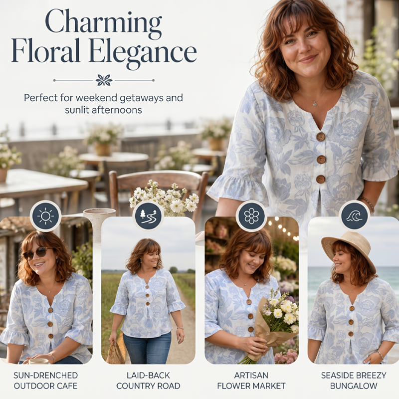 Women's Summer Floral Top with Ruffle Sleeve
