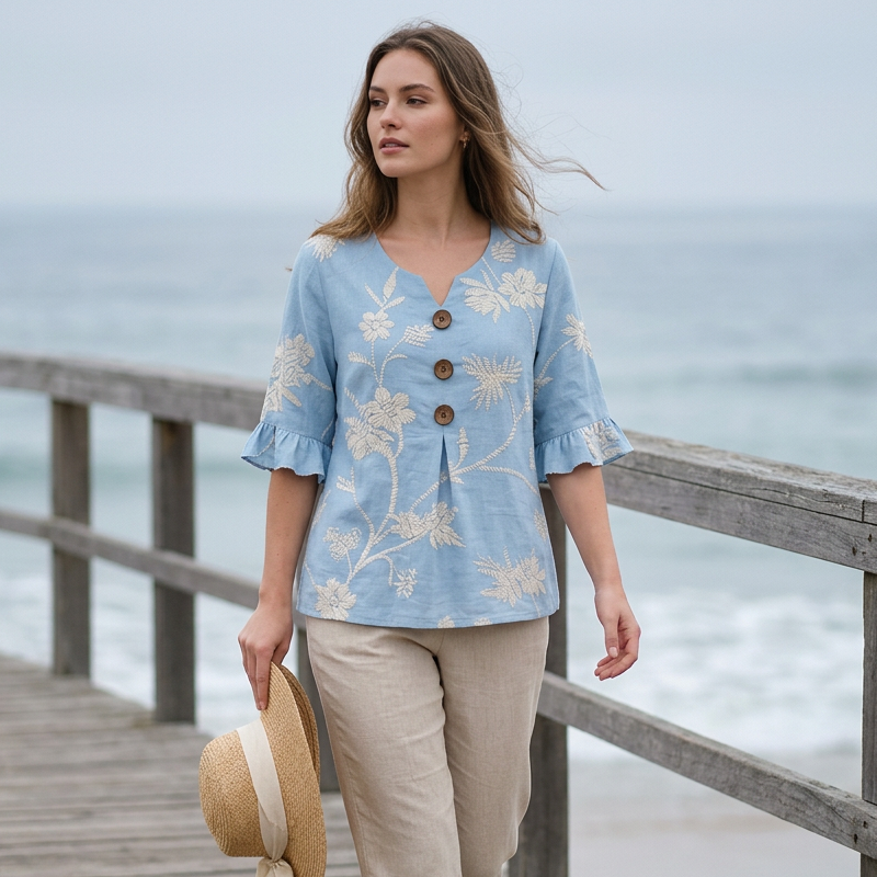 Women's Summer Floral Top with Ruffle Sleeve