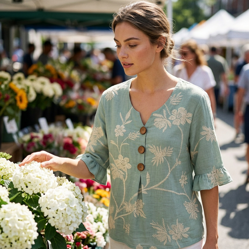 Women's Summer Floral Top with Ruffle Sleeve