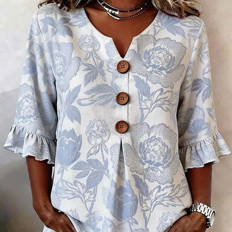 Women's Summer Floral Top with Ruffle Sleeve