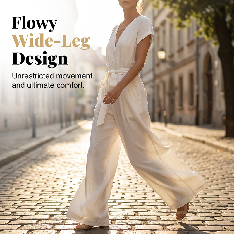 Women's V-Neck Wide-Leg Jumpsuit with Tie-Waist