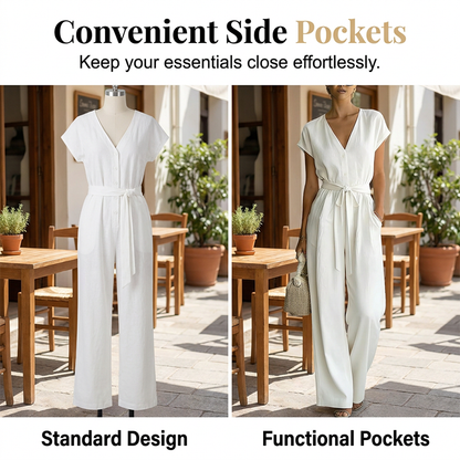 Women's V-Neck Wide-Leg Jumpsuit with Tie-Waist