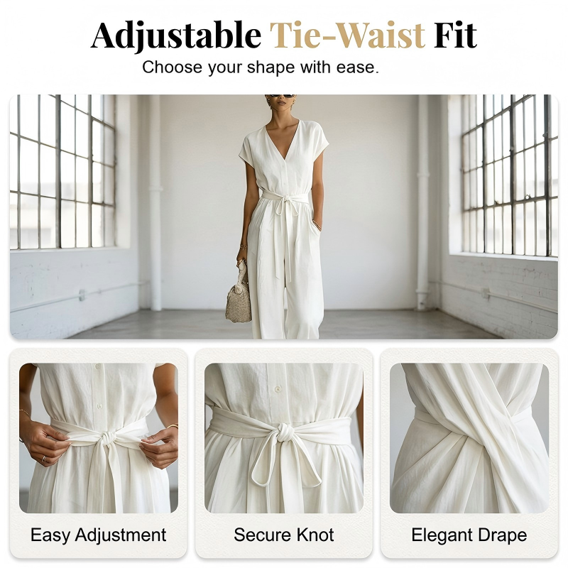Women's V-Neck Wide-Leg Jumpsuit with Tie-Waist