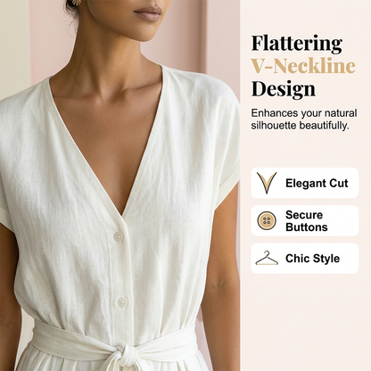 Women's V-Neck Wide-Leg Jumpsuit with Tie-Waist