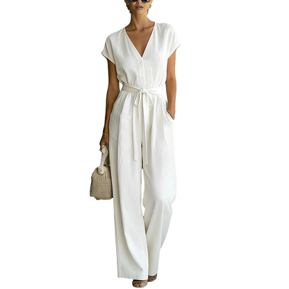 Women's V-Neck Wide-Leg Jumpsuit with Tie-Waist