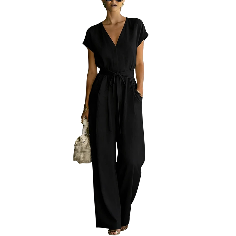 Women's V-Neck Wide-Leg Jumpsuit with Tie-Waist