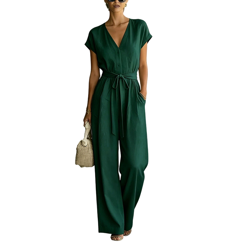 Women's V-Neck Wide-Leg Jumpsuit with Tie-Waist