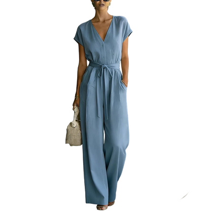 Women's V-Neck Wide-Leg Jumpsuit with Tie-Waist