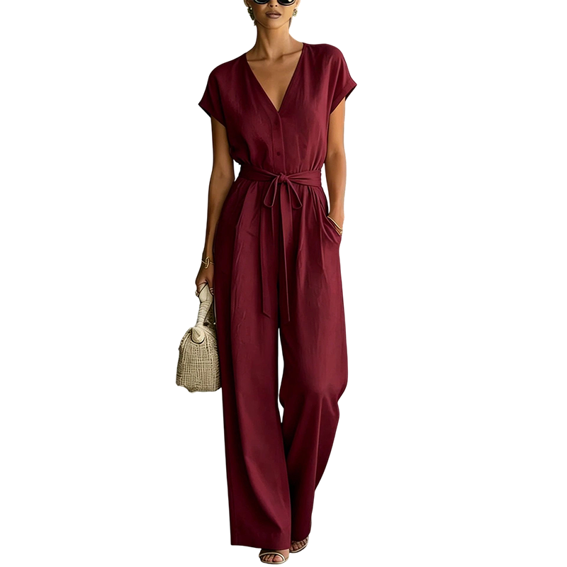 Women's V-Neck Wide-Leg Jumpsuit with Tie-Waist