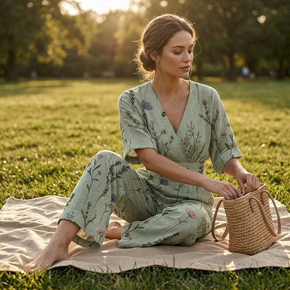 Women's Elegant V-Neck Printed Jumpsuit