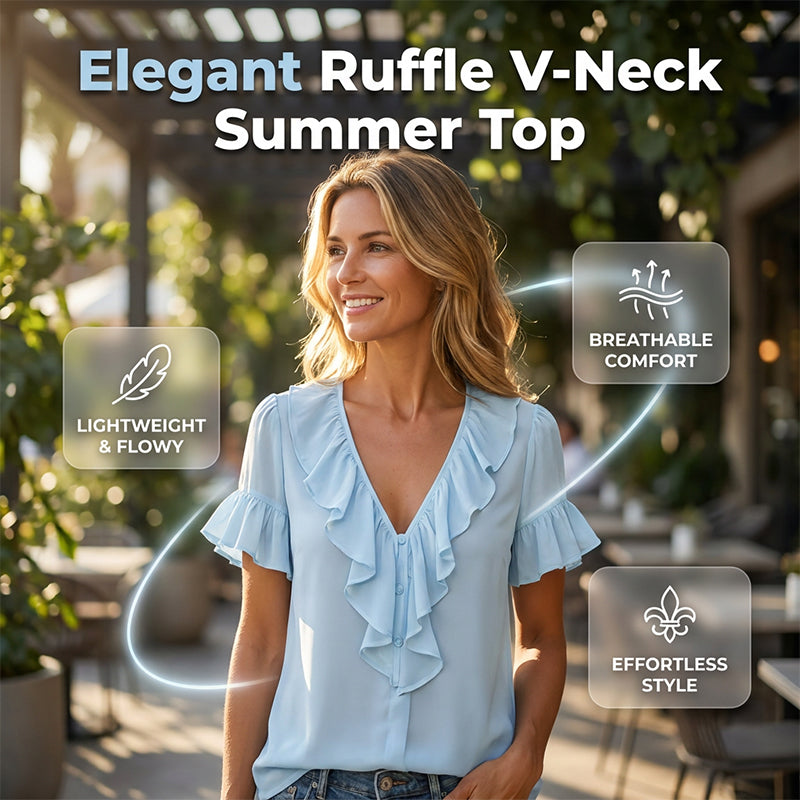 Women's Elegant Ruffle V-Neck Short Sleeve Blouse Casual Summer T-Shirt