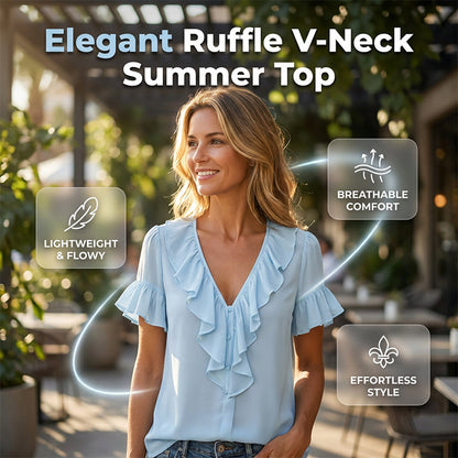 Women's Elegant Ruffle V-Neck Short Sleeve Blouse Casual Summer T-Shirt