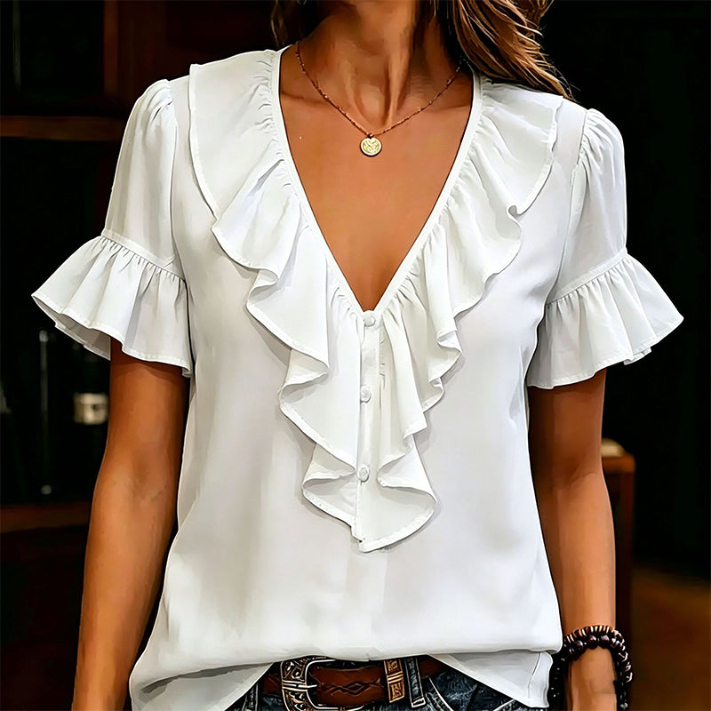 Women's Elegant Ruffle V-Neck Short Sleeve Blouse Casual Summer T-Shirt