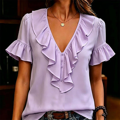 Women's Elegant Ruffle V-Neck Short Sleeve Blouse Casual Summer T-Shirt
