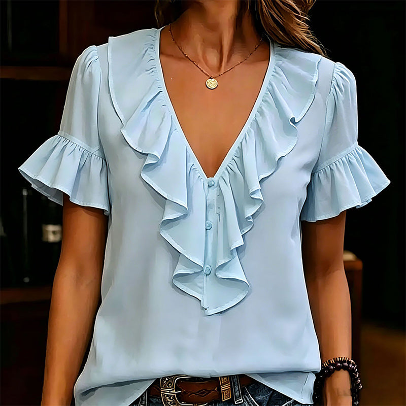 Women's Elegant Ruffle V-Neck Short Sleeve Blouse Casual Summer T-Shirt