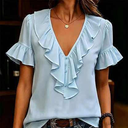 Women's Elegant Ruffle V-Neck Short Sleeve Blouse Casual Summer T-Shirt