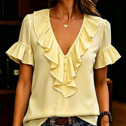 Women's Elegant Ruffle V-Neck Short Sleeve Blouse Casual Summer T-Shirt